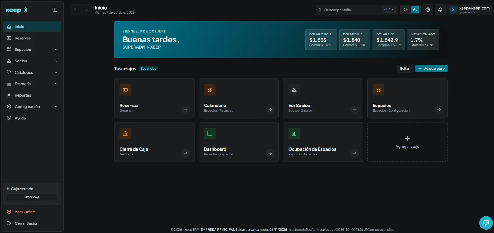 Panel de Xeep Canchas con accesos directos a reservas, socios, caja y reportes