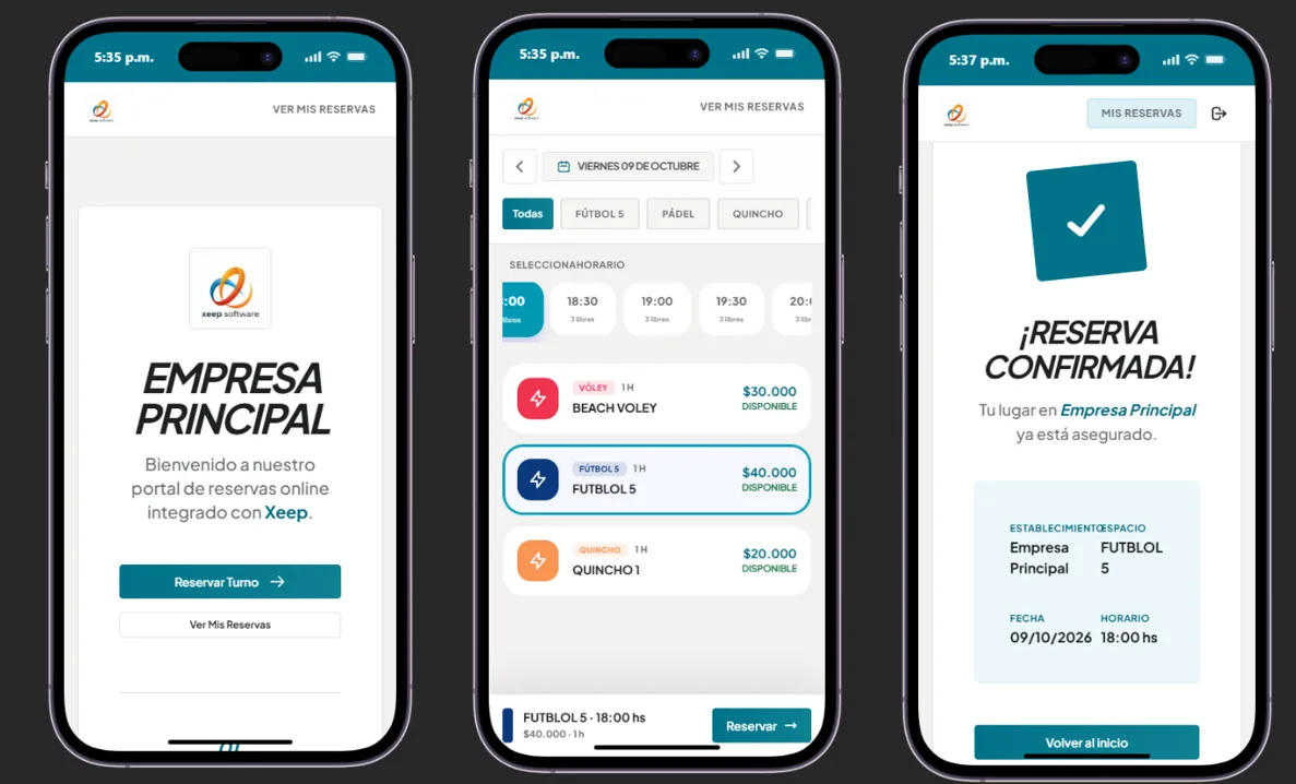 Portal de reservas online en el celular: inicio, elección de horario y reserva confirmada