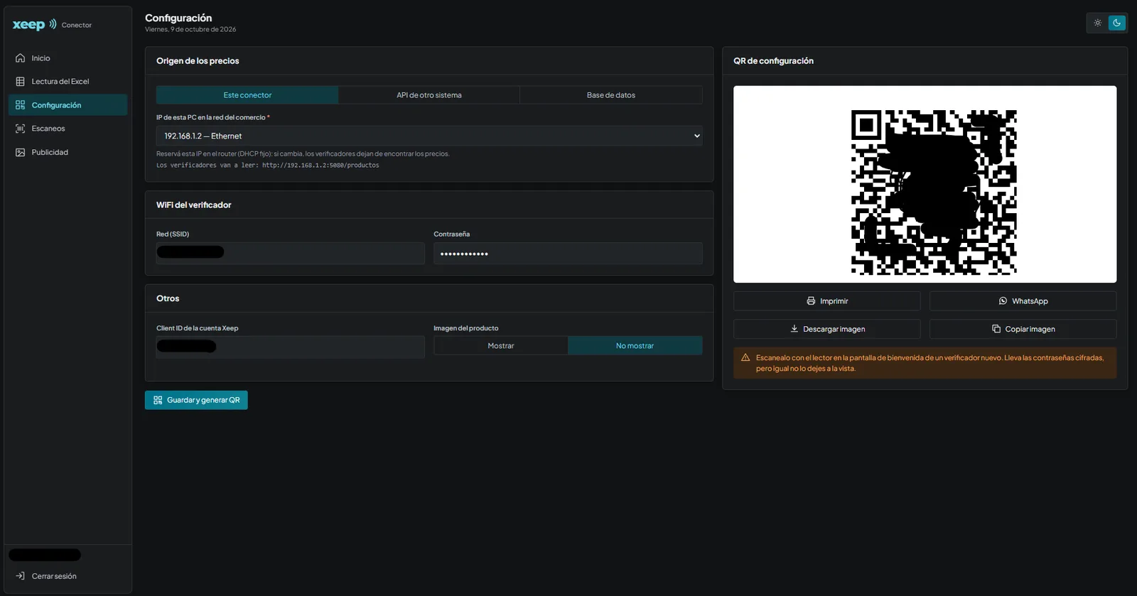 Xeep Conector: origen de los precios, WiFi del verificador y QR de configuración