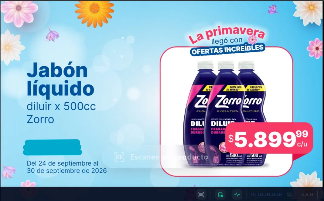 Pantalla del verificador en espera mostrando una promoción de jabón líquido